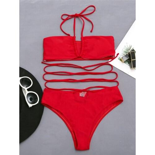 Sexy Wrap Around Halter Mid Waist Bikini Women Swimwear Female Swimsuit Two-pieces Bikini set Bather Bathing Suit Swim K3149