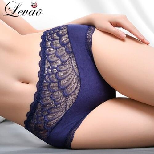 LEVAO Women Sexy Mid-Waist Waves Lace Brief Soft Breathabl Cotton Translucent High-Elasticity Panties Female Underpants Lingerie
