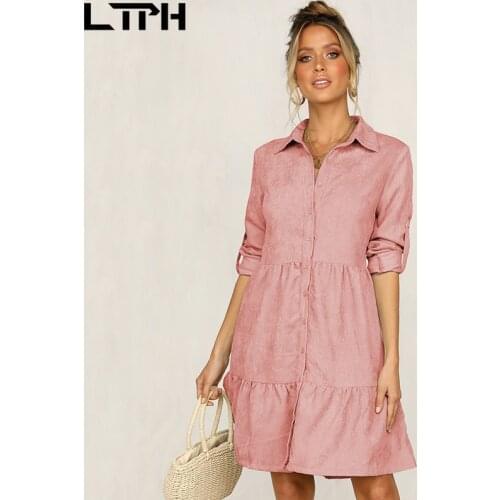 LTPH special sale 2021 spring Fashion Women Shirt Dress Long sleeve Single breasted Solid Elegant Casual Woven Big hem dresses
