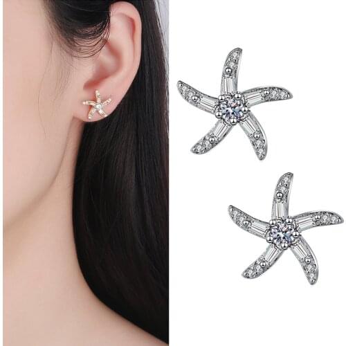 Cute Lovely Sea Star Stud Earrings For Women Cubic Zirconia Exquisite Versatile Female Earring Piercing Jewelry Best Gifts