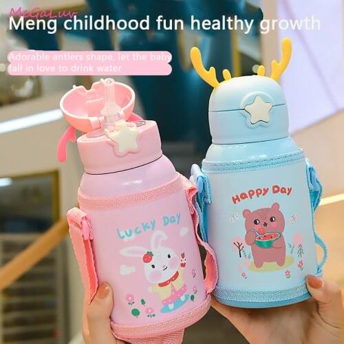 Cartoon Childrens Insulated Water Cup Portable with Straw Strap Antler Cover Cute Insulated Water Bottle Children Cup 500ML