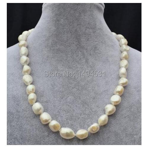 Wholesale Pearl Jewelry , White Color 18 Inches 11x14mm Baroque Shape Genuine Freshwater Pearl Necklace - New Free Shipping
