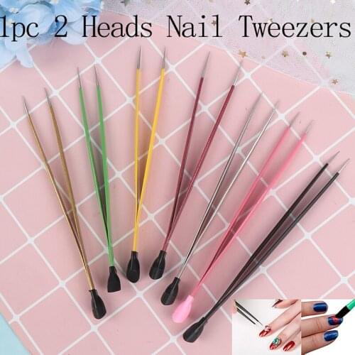 2 Heads Straight Nail Tweezers With Silicone Pressing Head For 3D Sticker Rhinestones Water Sticker Picker Metal Nails Tools