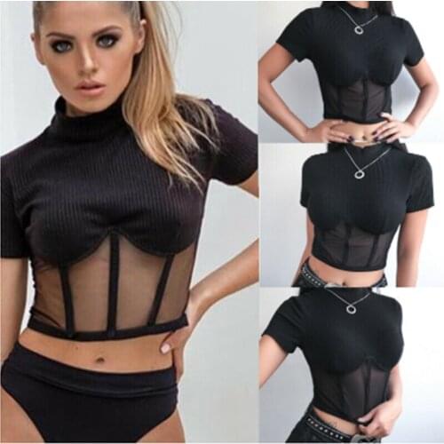 Sexy Vintage Mesh Patchwork See Through Crop Tops Women Short Sleeve Crew Neck Slim Skinny Club Party Black Short T Shirts