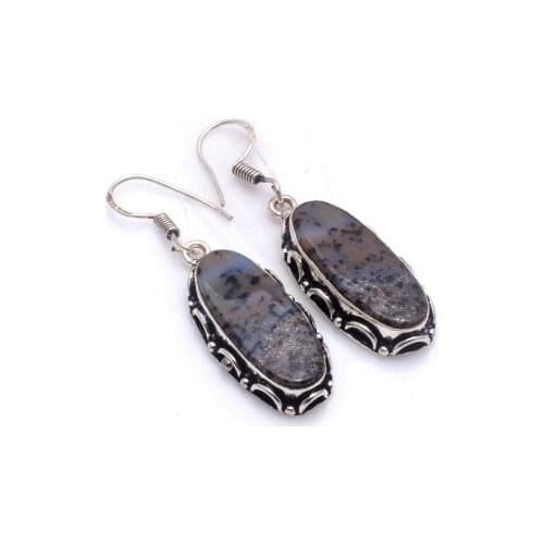 Genuine Honey Dendrite Opal Silver Overlay on Copper Earrings, 50 mm , E6149