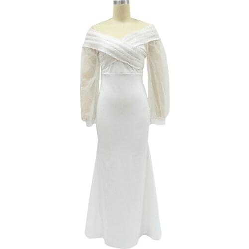 Wedding Dress White Strapless Mermaid Spring And Autumn 2021 Fluffy Sleeves Shiny Bridal Dress Satin Princess Style Party Dress