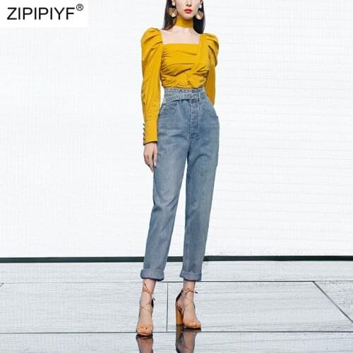 2021 Summer Runway Fashion Street Style Square Neck Long Sleeve Buckle Blouse High Waist Harem Jeans Casual Women Suits Z233