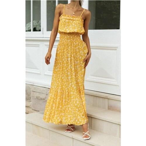 Boho Ladies Casual Sleeveless Dress Yellow Floral Printed Pattern Off Shoulder Suspender One-piece Womens Clothing Dresses