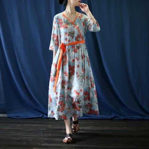 Women Loose Printed V Neck Half Sleeve High Waist Dress Ladies Vintage Ramie Dresses Female Print 2020 Loose Dress