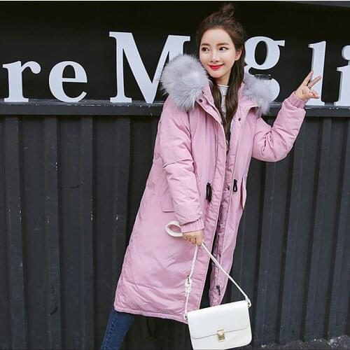 2018 Winter New Hooded Slim Large Fur Collar Long Section Ladies Cotton Coat Down Cotton Wind Long Fashion Thick Coat Womens