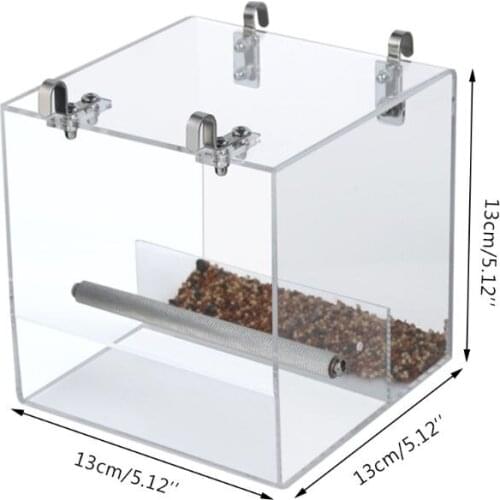 Acrylic Bird Feeder Hanging Seed Tray Box Parrot Perch Stand Cage Feeding Tools