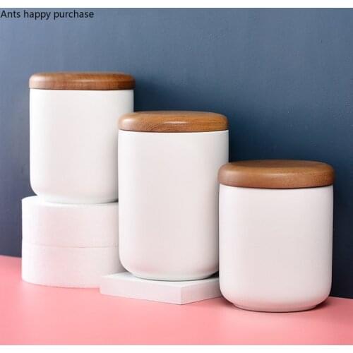 White Ceramic Jar Sealed Jar with Wooden Lid Moisture-proof Storage Tank Tea Caddy Food Container Storage Bottle Organize Box
