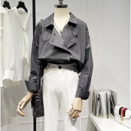 Womens Spring Summer Runway Fashion Vintage Grey Cotton Shirt Female Casual Loose Office Lady Basic Blouse Tees Tops TB1694