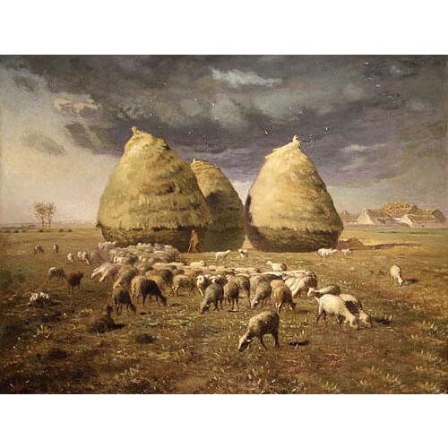 Large Oil painting Millet Haystacks Autumn with sheep in landscape canvas 36"