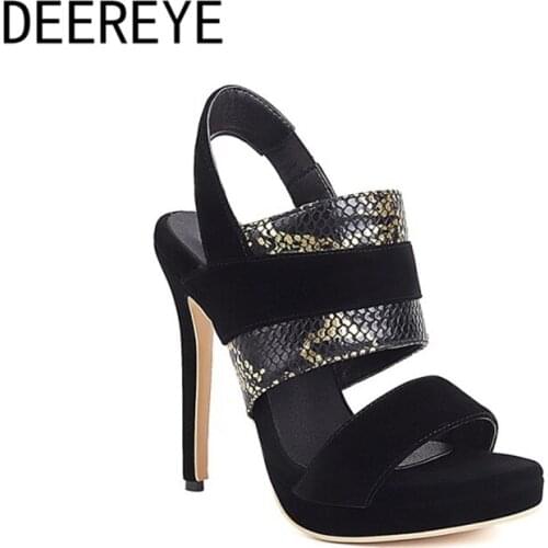 Size 30-50 Suede Animal Snake Print Leather 12CM Shoes On Platform High Heel Ankle Elastic Wrap Fashion Round Toe Soft Sandals