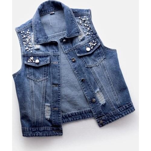 Jeans Jacket Beaded Holes Slim Outerwear 5Xl Plus Size Sleeveless Womens Vest 2021 Summer Denim Waistcoat Fashion Casual Short