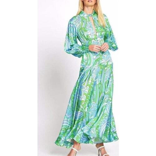 Retro Elegant Green Dress 2021 Summer New Personalized Lapel Sneaky Design Hollow High Waist Large Swing Dress