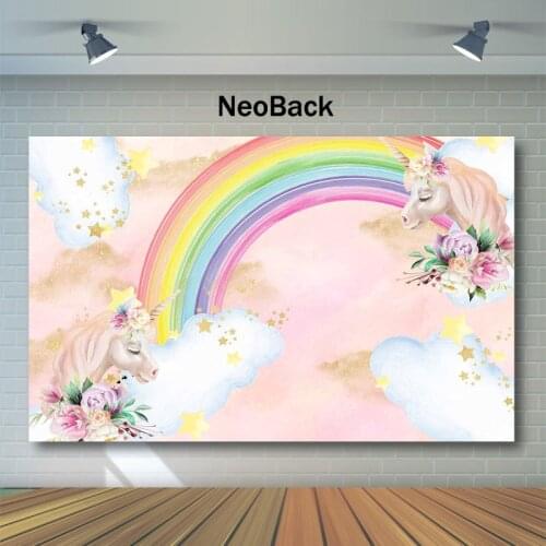 NeoBack Unicorn Happy Birthday Background For Photo Rainbow Gold Shinny Star Backdrop Pink Clouds Baby Shower Photo Background