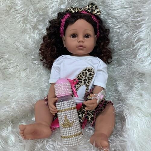 55CM ORIGINAL full body silicone reborn toddler girl doll princess brown skin curly hair lifelike real touch flexible baby girl