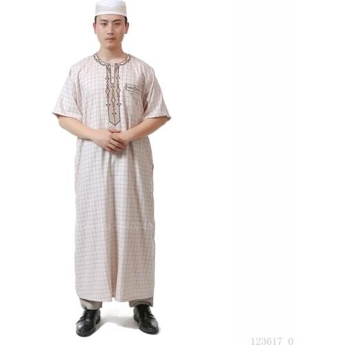 Summer Muslim Middle East Men Robe Short Sleeve Saudi Arab Dubai Islamic Jubba Thobe Pray Ramadan Kaftan Embroidery Gown Clothes