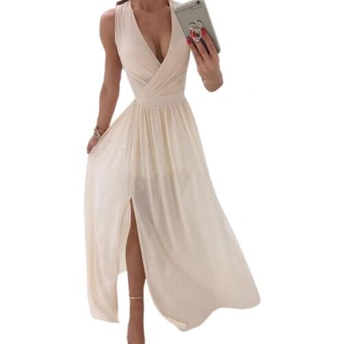 70% Hot Sell Dress Loose Soft Polyester Sleeveless Deep V Neck Dress for Women