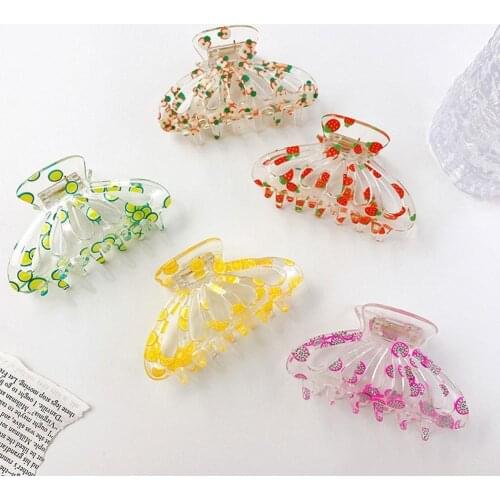 Fashion Korean Strawberry Orange Lemon Print Hair Claws Crab Barrette Ponytail Clip Fruit Hair Clips Claw Hairpins Hairstyles