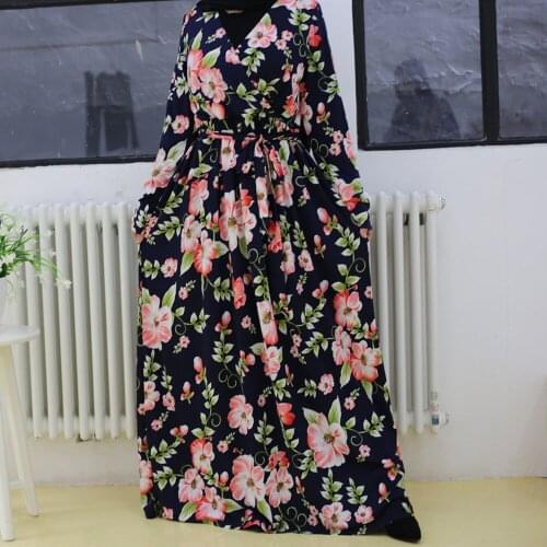 Muslim Women Floral Printed Long Dress Arab Maxi Robe Gown Casual V-neck Jilbab Dubai Kaftan Middle East Turkish Islamic Fashion