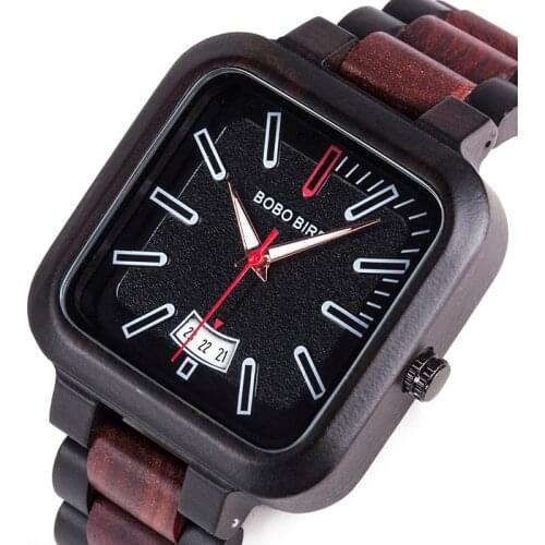 Relogio Masculino BOBO BIRD Wood Watch Men Women Square Dial Auto Date Quartz Wristwatch Wood Leather Band Customized Gift Box