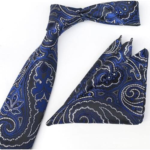 Wholesale Mens Formal Occasion Necktie Pocket Square Set Royal Blue Paisley Tie with Handkerchief
