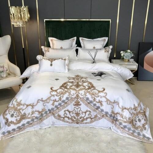 New White Luxury European Royal Gold Embroidery 60S Satin Silk Cotton Bedding Set Duvet Cover Bed Linen Fitted Sheet Pillowcases