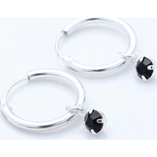 SHUANGR Lead&Nickel Free Silver Color Circle Earrings Paved Shiny Black CZ Stone Charming Hoop Earrings for Women Brincos