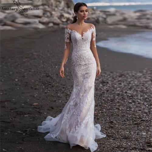 Vestido De Noiva Sparkle Long Sleeve Wedding Dresses Mermaid Bridal Dress Lace Applique Champagne Wedding Gowns Robe De Mariee