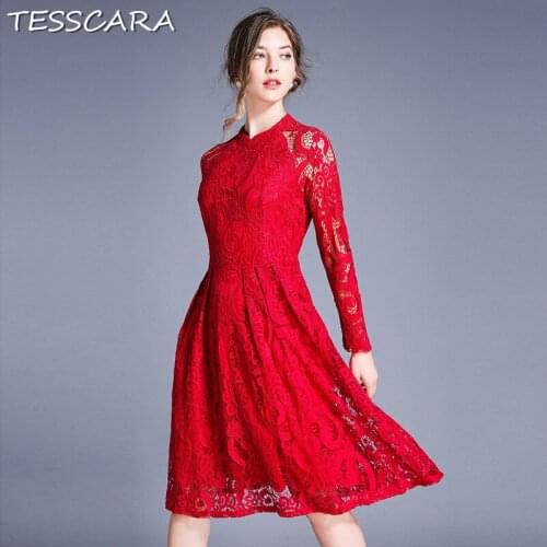 TESSCARA Women Autumn Elegant Lace Dress Festa Female High Quality Office Party Robe Femme Long Sleeve Designer Red Vestidos