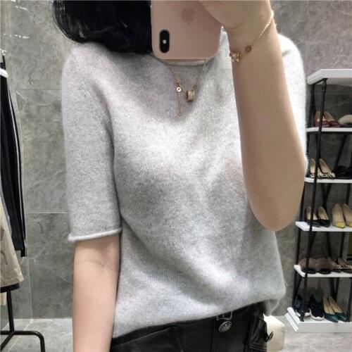 Spring cashmere knitted womens curled round neck loose casual short-sleeved wool sweater solid color pullover Soft and warm