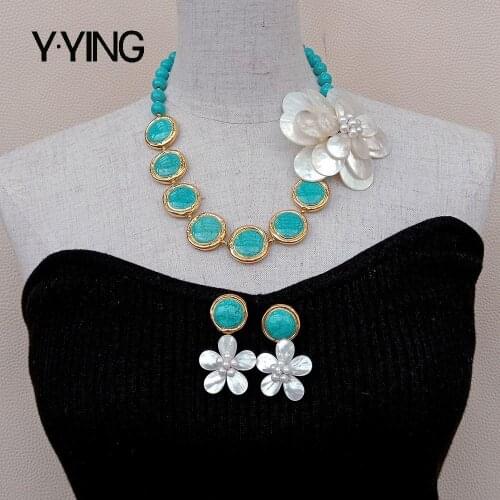 Y·YING Blue Turquoises White Shell connector chorker Necklace Earrings Set