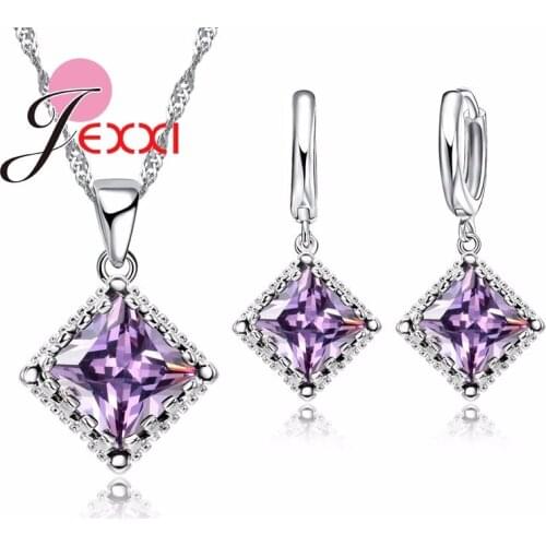 Real 925 Sterling Silver Chain Square Cubic Zircon Pendant Necklace Drop Earrings For Female Women Crystal Jewelry Gifts