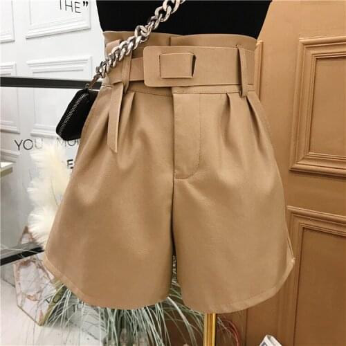 PU Leather Womens Short Belt High Waist Zipper Pocket Female Shorts 2020 Winter Fashion Korean Casual Ladies Bottom