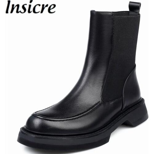 Insicre Cow Leather Round Toe Platform Women Ankle Boots Low Heels Patchwork Size 40 Black 2021 Winter Shoes Street