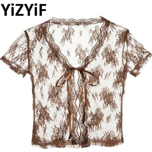 Woman See Through Short Sleeve Lace Crop Top Summer Lace-up Exotic T-shirt