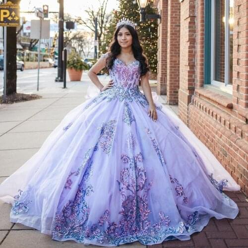 Lavender Sequined Lace Ball Gown Quinceanera Dresses Off The Shoulder Neck Appliqued Prom Gowns Sweep Train Tulle Sweet 15 Dress