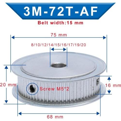 3M-72T Pulley AF Shape Bore 8/10/12/14/15/16/17/19/20 mm Aluminum pulley wheel Slot Width 16 mm For 3M Timing Belt Width 15 mm