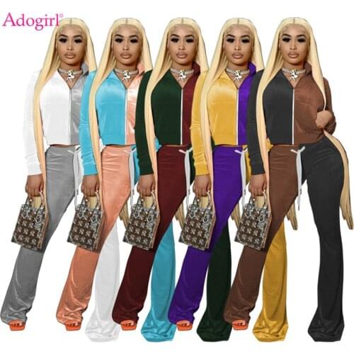 Adogirl Color Pathcowrk Velvet Two Piece Set Women Tracksuit Zipper Long Sleeve Jacket Coat Crop Top Flare Pants Christmas Suits