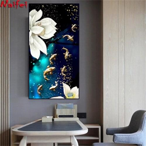 Chinese Style Lotus Carp Wall Art Diamond Painting Cross Stitch Decorative Full Diamond Embroidery Home Living Room Decor
