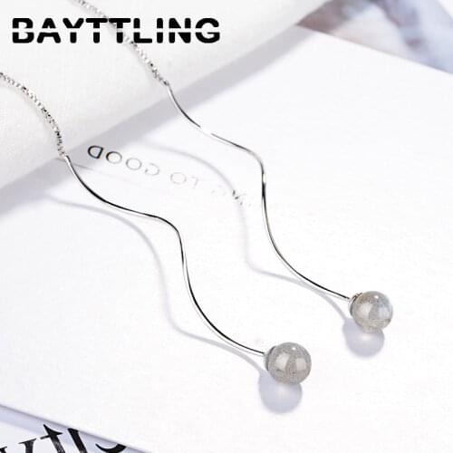 BAYTTLING 925 Sterling Silver Fine Round Moonstone Wave Long Tassel Drop Earrings For Woman Fashion Wedding Couple Jewelry Gift