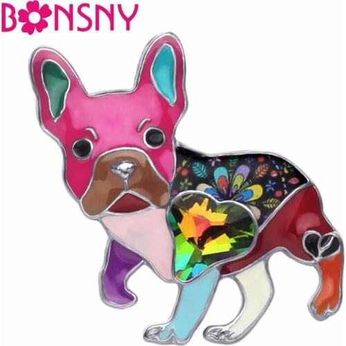 Bonsny Alloy Enamel Rhinestone French Bulldog Pug Dog Brooches Clothes Scarf Decoration Jewelry Pin For Women Girls Gift Bijoux