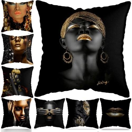 Black Gold African Lady Woman Style Modern Living Room Luxury Looking Decoration Art Sofa Pillow Case Short Plush Cushion Cover