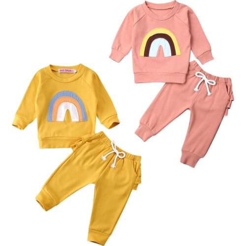 Citgeett Spring Autumn 0-3Y Toddler Kids Baby Girl Set Casual Rainbow Patchwork Long Sleeve Sweatshirt+Back Ruffled Pants