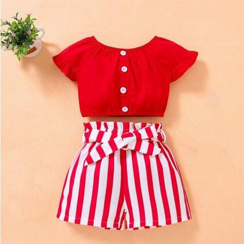 Child Clothing Girls Suit 2021 Summer New Sweet Girl Solid Color Short-Sleeved Top + Bow Striped Shorts 2Pcs/Sets 2-5 Years Old
