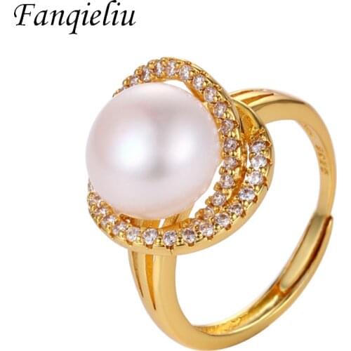 Fanqieliu Adjustable Gold Color Crystal Jewelry Pearl Wedding Bands Solid 925 Sterling Silver Ring Women FQL21189