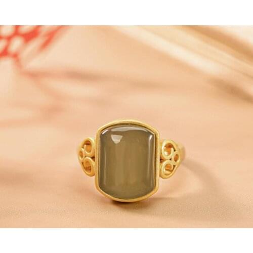 Natural Hetian Jade Gray Jade S925 Sterling Silver Fashion Personalized Antiquity Creative All-Match Ladies Opening Ring Ring